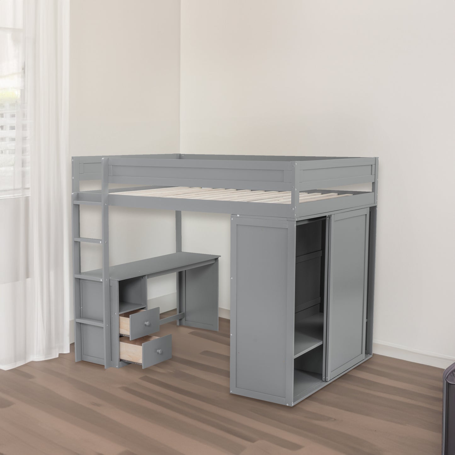 Wood Full Size Loft Bed with Wardrobes and 2-Drawer Desk with Cabinet  Gray