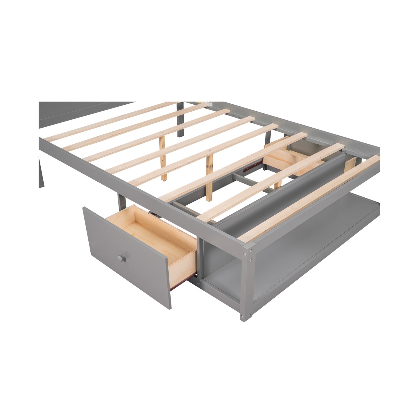 Cama de plataforma de tamaño completo con cajones a cada lado y estante en el extremo, acabado gris