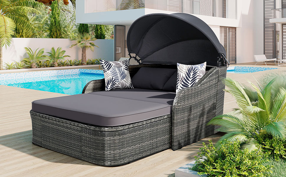 GO 79.9" Outdoor Sunbed with Adjustable Canopy, Double Lounge in Gray Wicker and Cushion