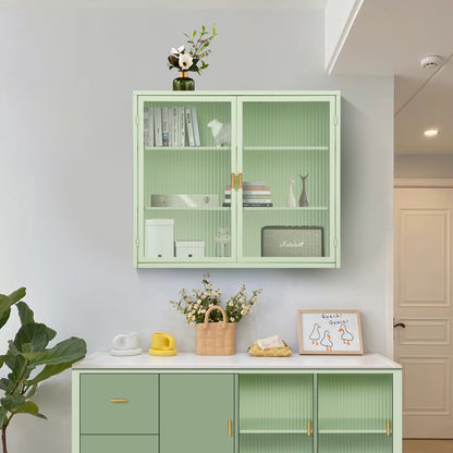 Glass Doors Modern Two-door Wall Cabinet with Featuring Three-tier Storage Mint Green