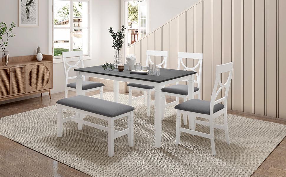 TOPMAX 6-Piece Wood Dining Table Set with Upholstered Bench and 4 Chairs, Farmhouse Style in Gray and White