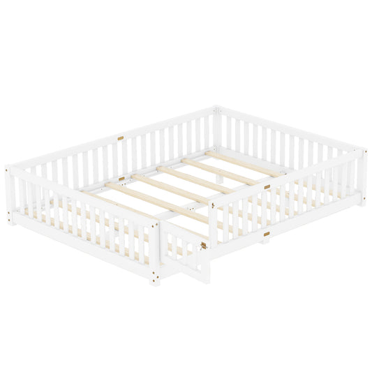 Queen Size Bed Floor Bed with Safety Guardrails and Door for Kids, White