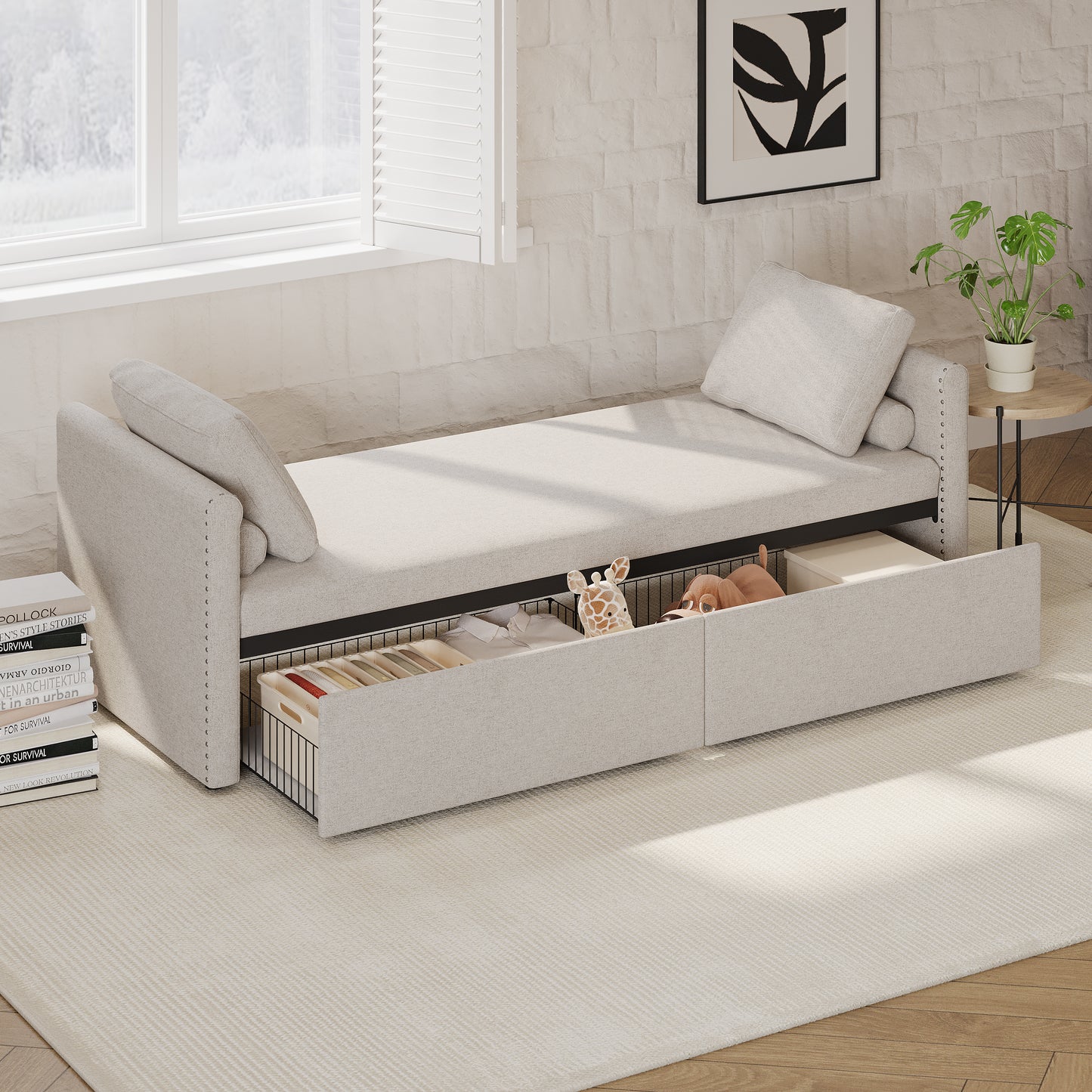 Modern Cushioned Lounge Chair Sofa Bed with 2 Drawers, Linen Fabric in Beige