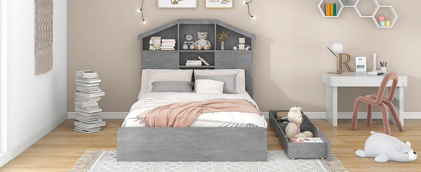 Full Size Wood Platform Bed with House-shaped Storage Headboard and 2 Drawers Gray