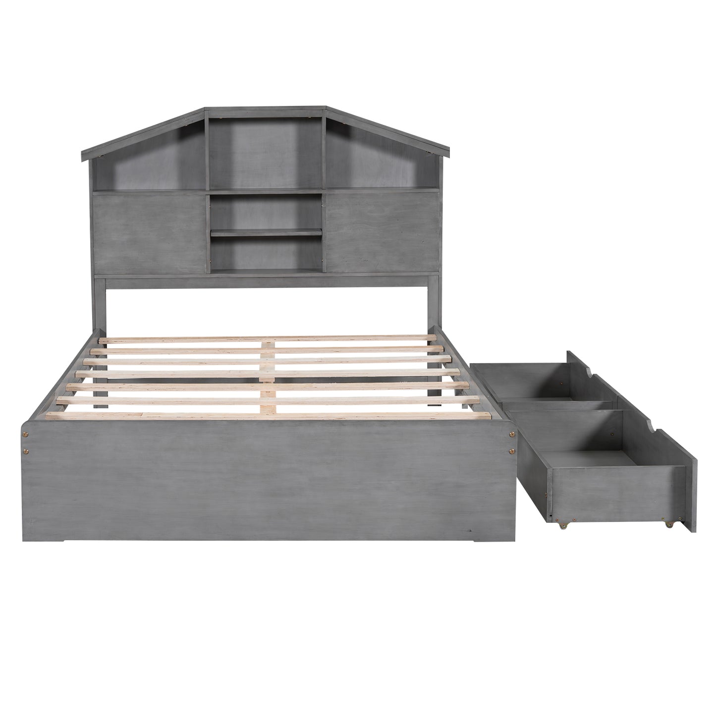 Full Size Wood Platform Bed with House-shaped Storage Headboard and 2 Drawers Gray