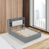 Wood Queen Size Platform Bed with Storage Headboard  Shelves and 2 Drawers  Gray