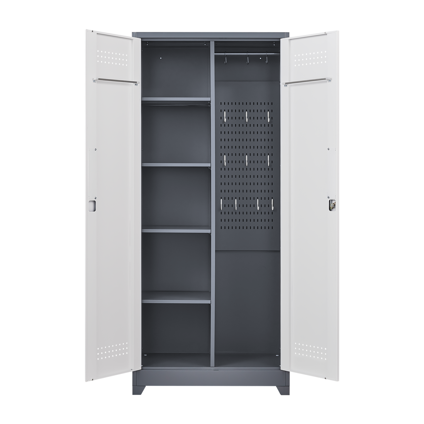 Metal storage cabinets, lockable cleaning tool cabinets, high broom tool organizers, and large storage cabinets in storage store