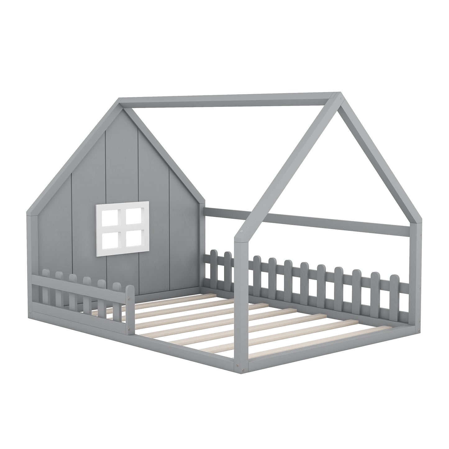 Full Size Wood House Bed with Window and Fence  Gray