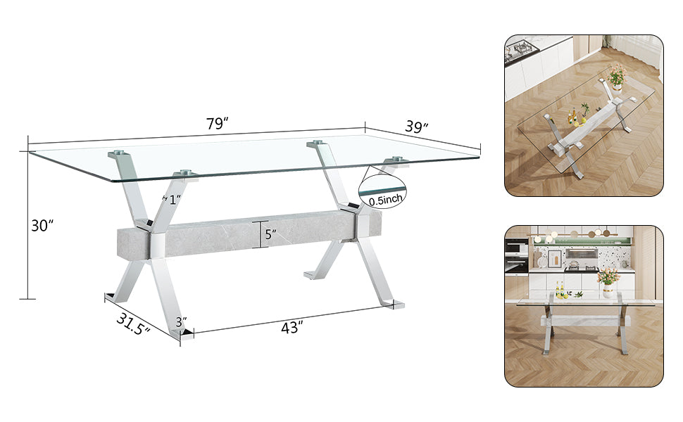 Modern Tempered Glass Dining Table, 79" x 39" x 30", Sleek Design for Dining Rooms