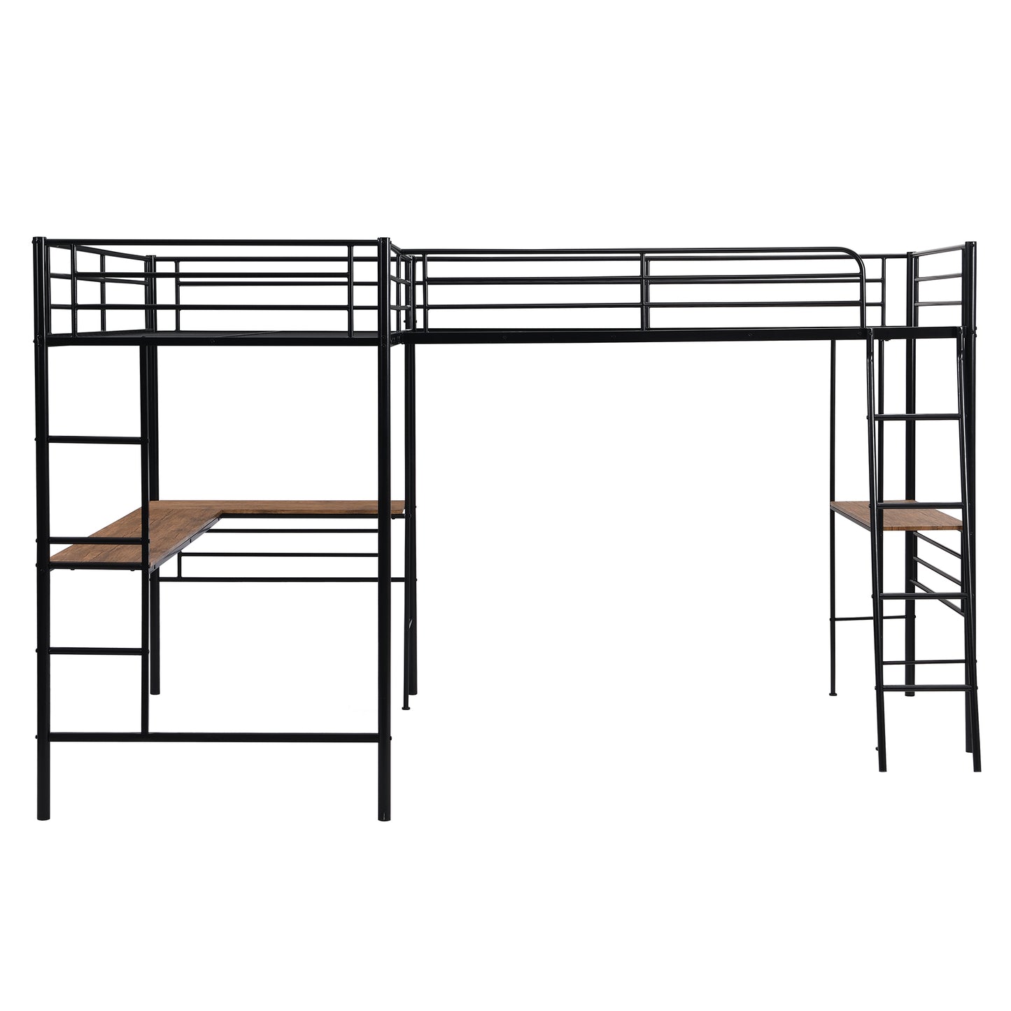 Twin Size Metal Loft Bed with Two Built-in Desks Black