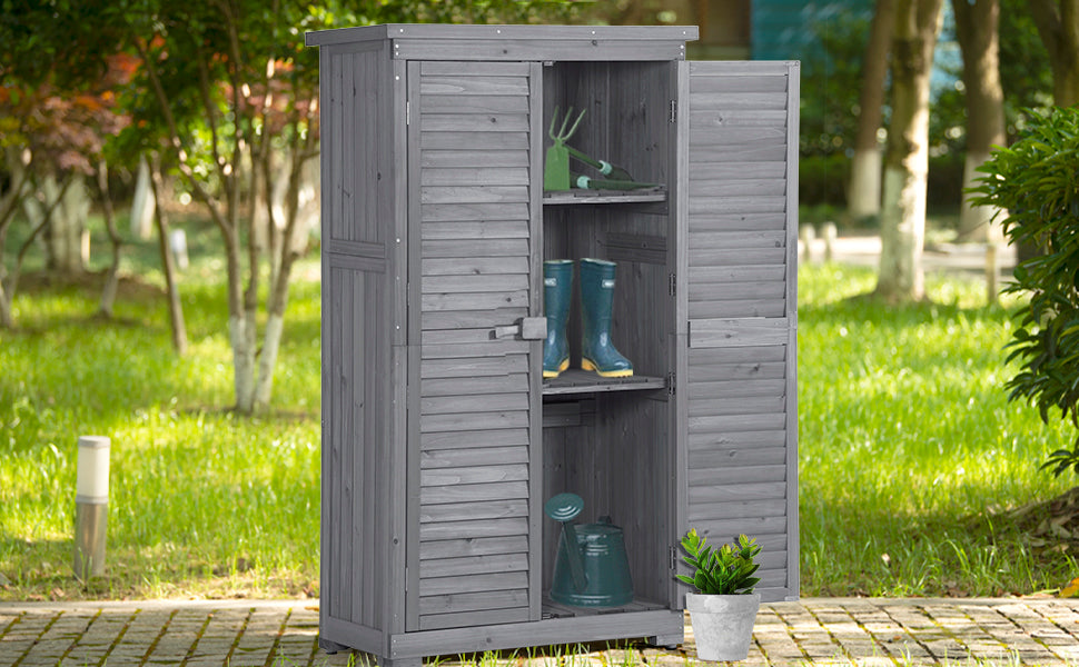 Wooden Garden Shed with 3-Tier Patio Storage, Outdoor Organizer with Fir Wood Shutter Design, Gray