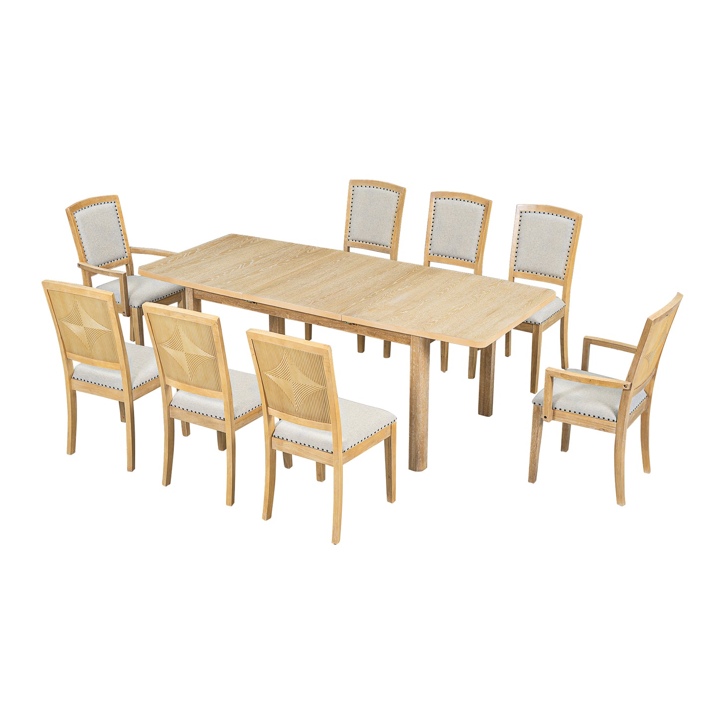 TOPMAX Expandable 84-Inch Dining Table Set with 24" Detachable Leaves, 6 Armless Chairs, and 2 Armchairs, Natural Finish