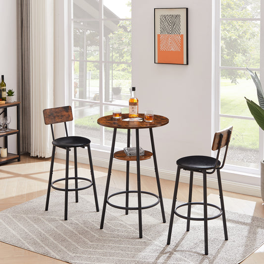 Round bar stool set with shelf upholstered stool with backrest Rustic Brown 23.62'' W x 23.62'' D x 35.43'' H