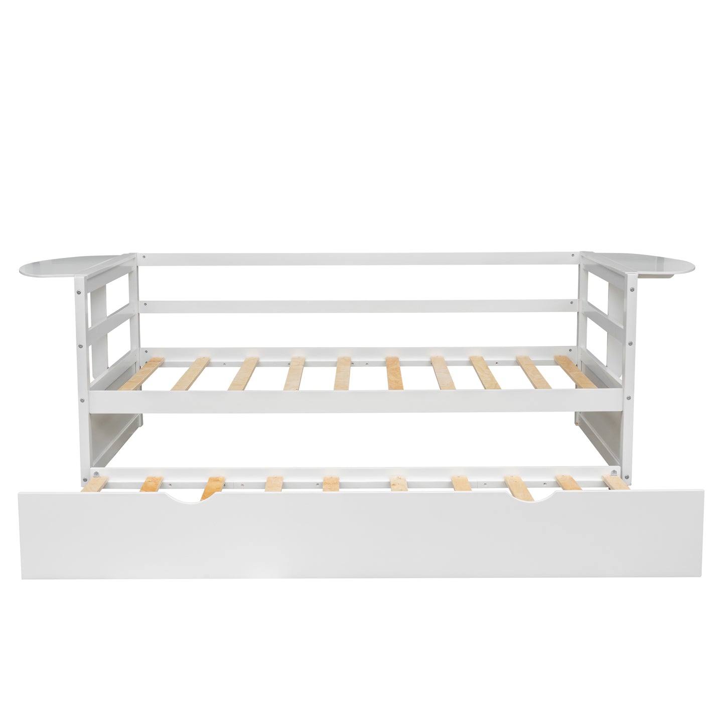 win Size Daybed with Trundle and Foldable Shelves on Both Sides White