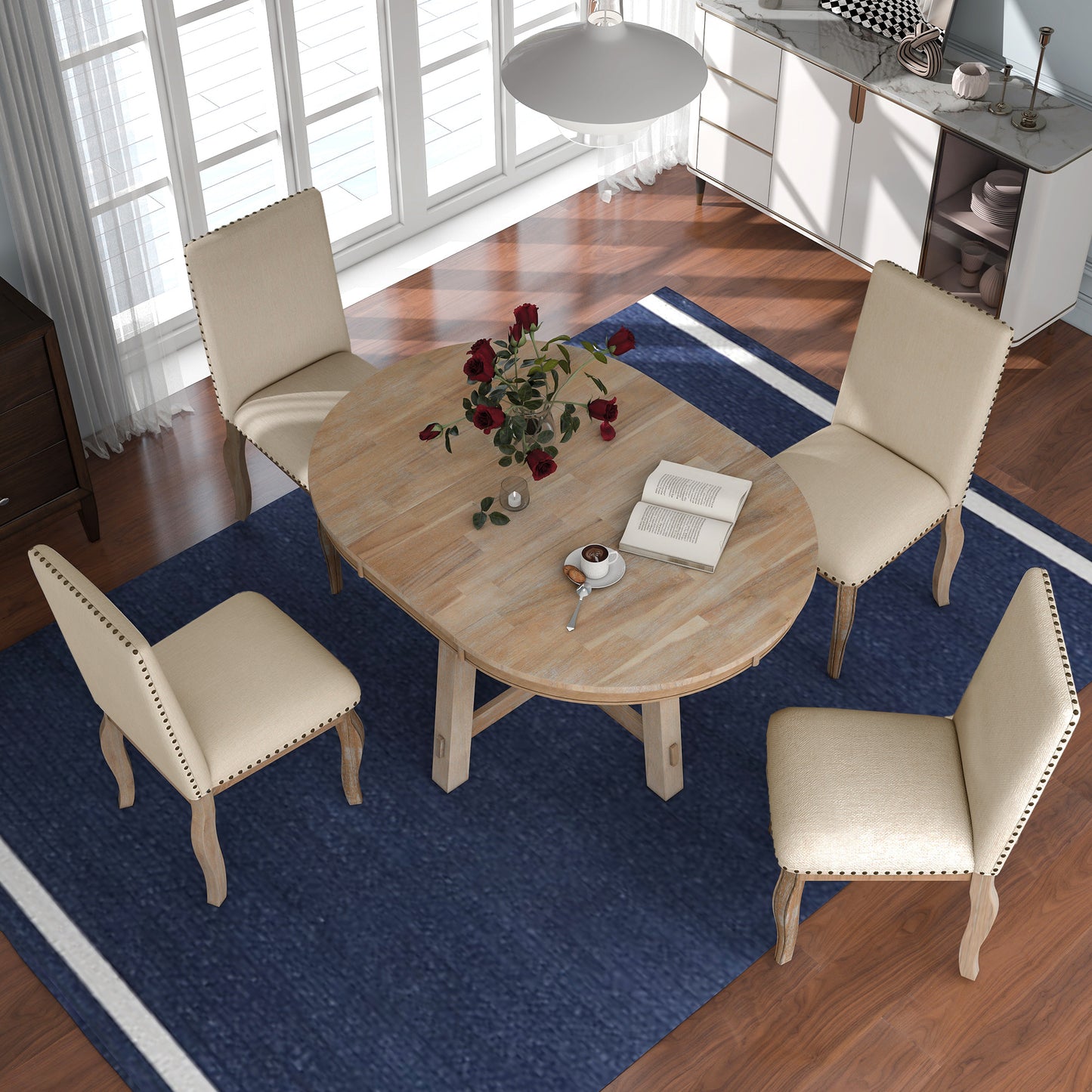 Juego de mesa de comedor estilo granja de 5 piezas TREXM con mesa redonda extensible y 4 sillas tapizadas, acabado en madera natural