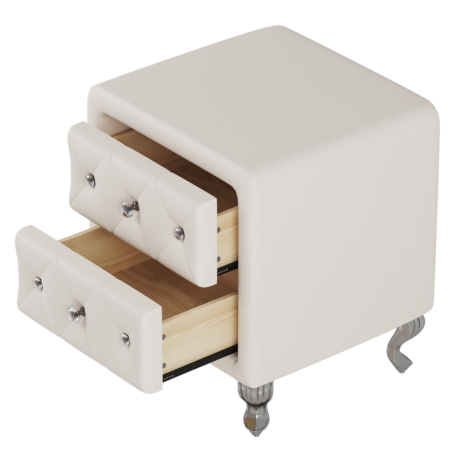 Elegant PU bedside table with 2 drawers and crystal handles, storage with metal legs - white