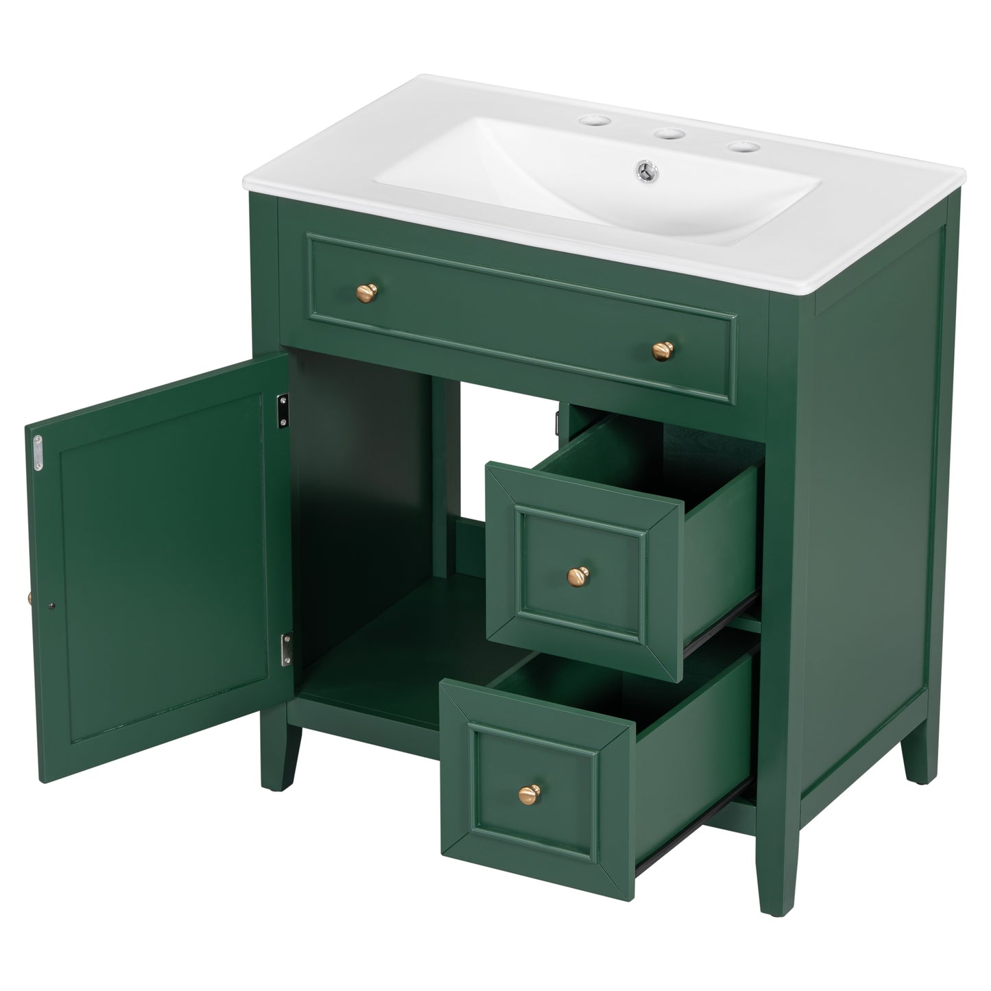 Mueble de baño de 30" con encimera de lavabo, armario de madera maciza con puerta y dos cajones, color verde