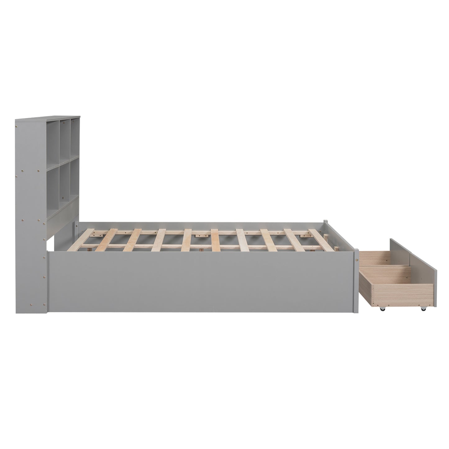 Full Size Platform Bed with Storage Headboard, Charging Station and 2 Drawers, Gray