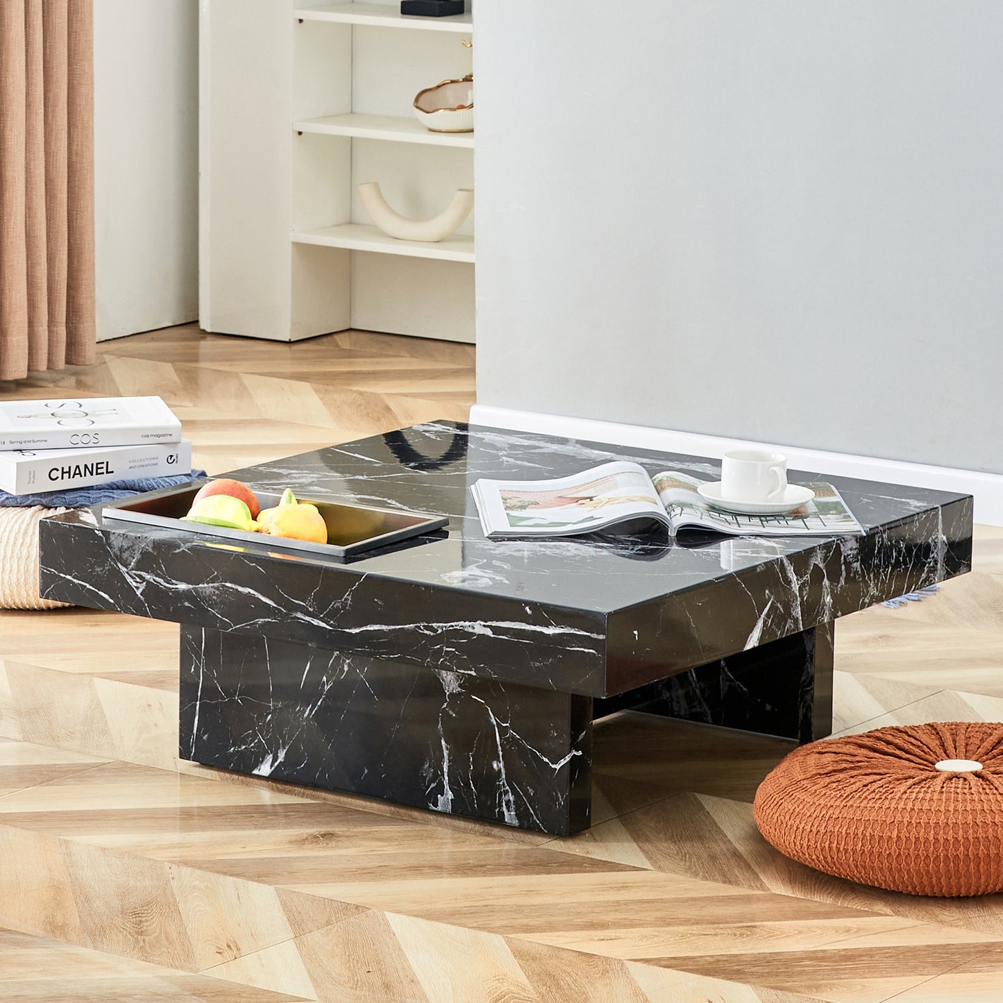 A modern and practical coffee table made of MDF material with black patterns