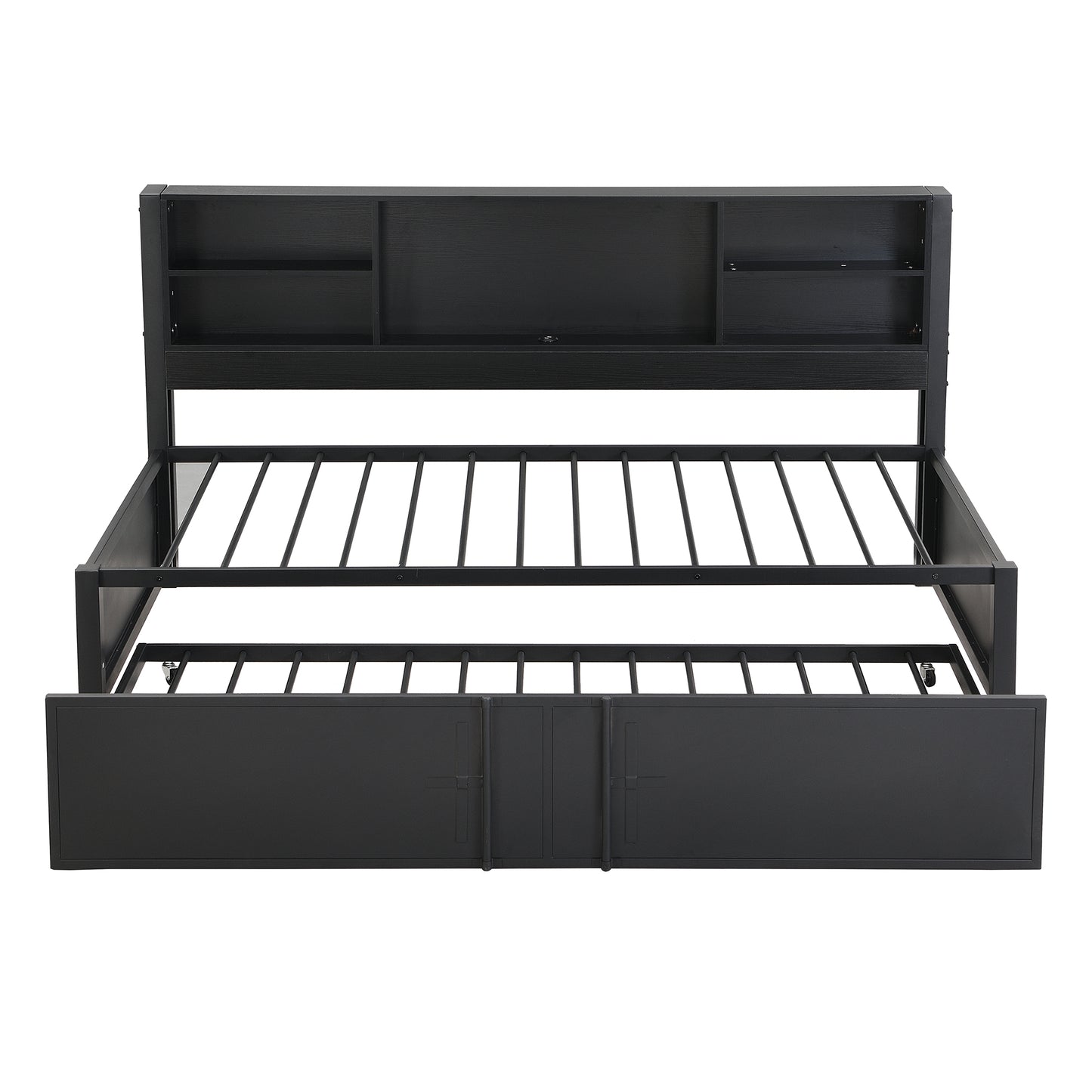 Metal Twin Size Daybed with Twin Size Trundle  Storage Shelves and USB Ports  Black