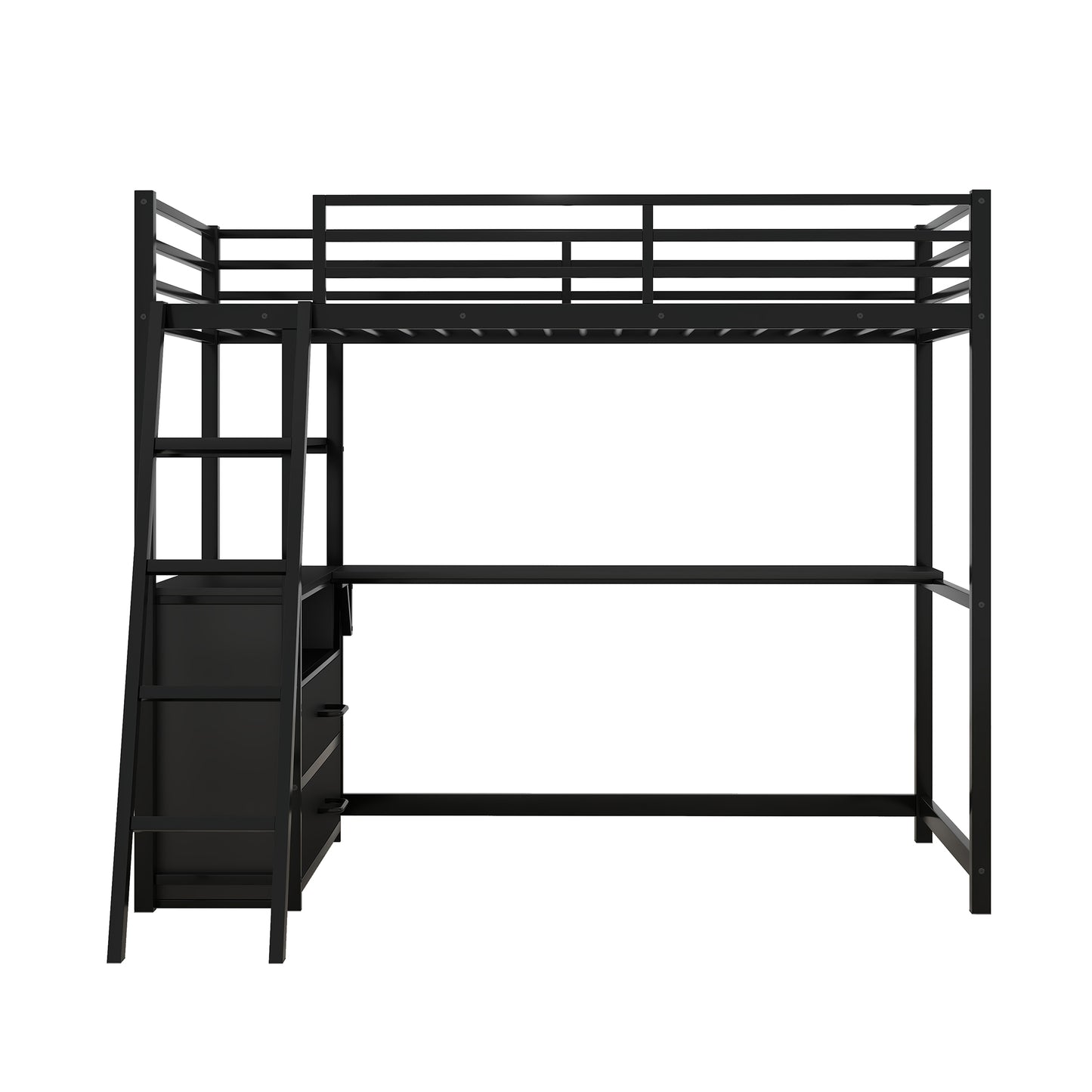 Twin Size Metal&Wood Loft Bed with Desk and Shelves, Two Built-in Drawers, Black