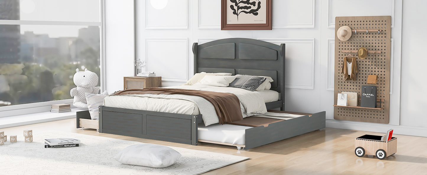 Wood Queen Size Platform Bed with Twin Size Trundle and 2 Drawers  Antique Gray