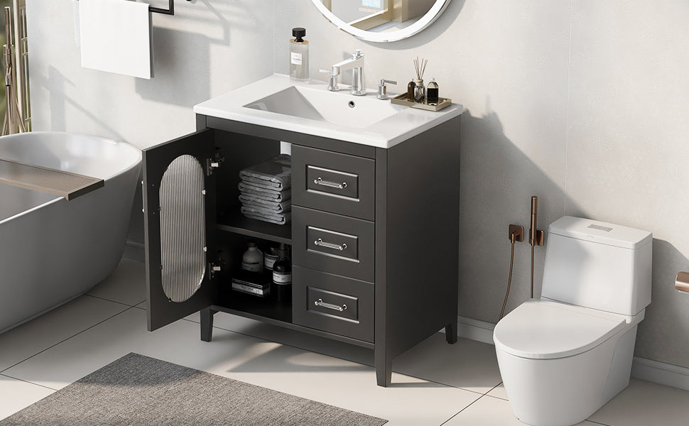 Bathroom Vanity with Sink, Bathroom Vanity Cabinet with Two Drawers and Door, Adjustable Shelf, Solid Wood and MDF, Black