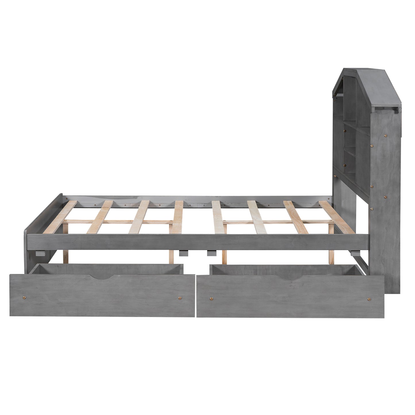 Full Size Wood Platform Bed with House-shaped Storage Headboard and 2 Drawers Gray