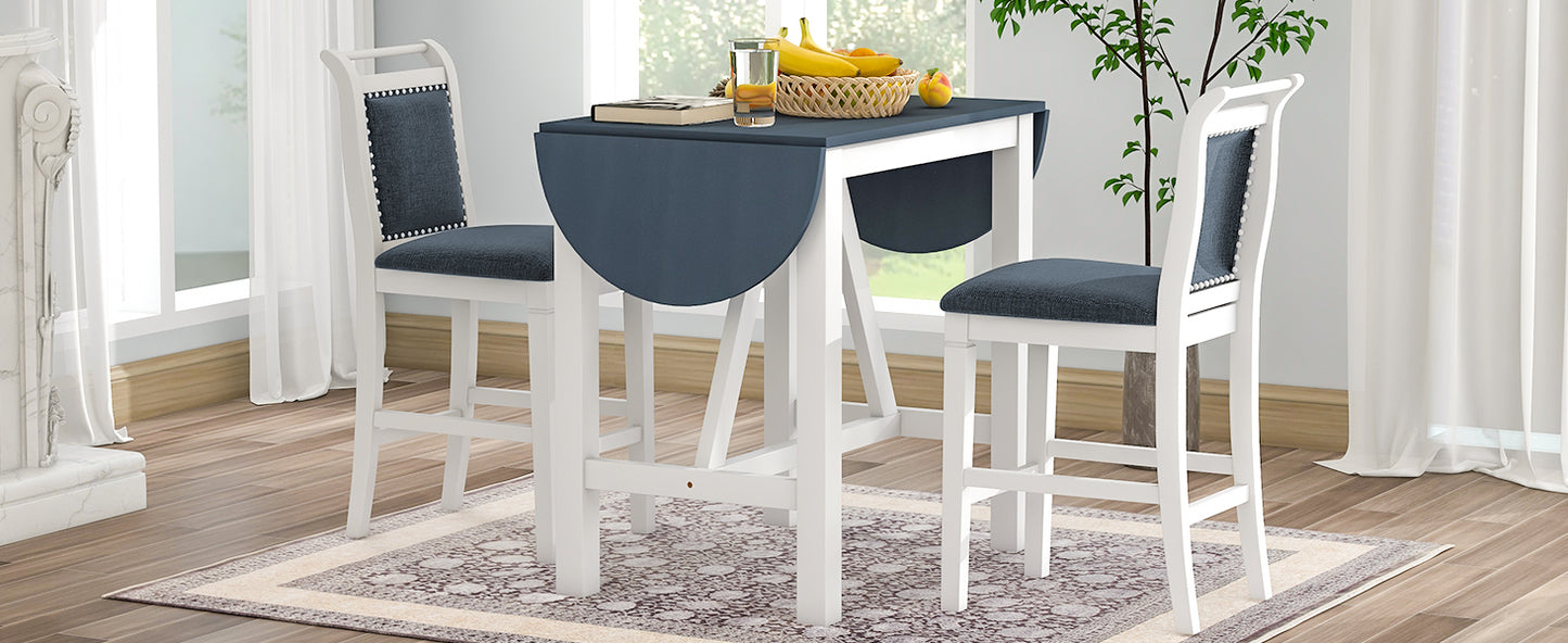 TOPMAX 3-Piece Wood Counter Height Drop Leaf Dining Table Set with 2 Upholstered Dining Chairs for Small Place White+Gray