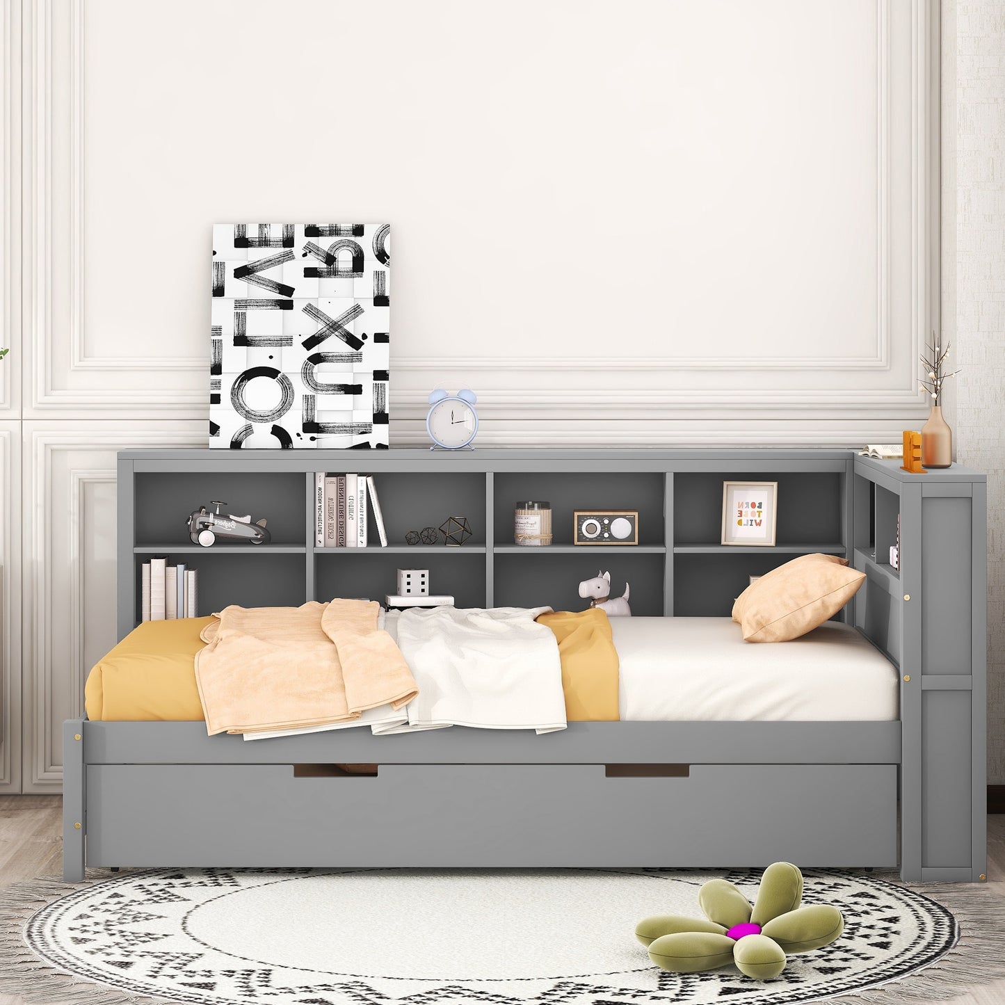 Wooden Twin Size DayBed with Twin Size Trundle, DayBed with Storage Shelf and USB Charging Ports,Grey