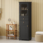 Tall Bathroom Storage Cabinet with Glass Doors, Free-Standing, Two Drawers, and Adjustable Shelves, MDF Board, Painted Black