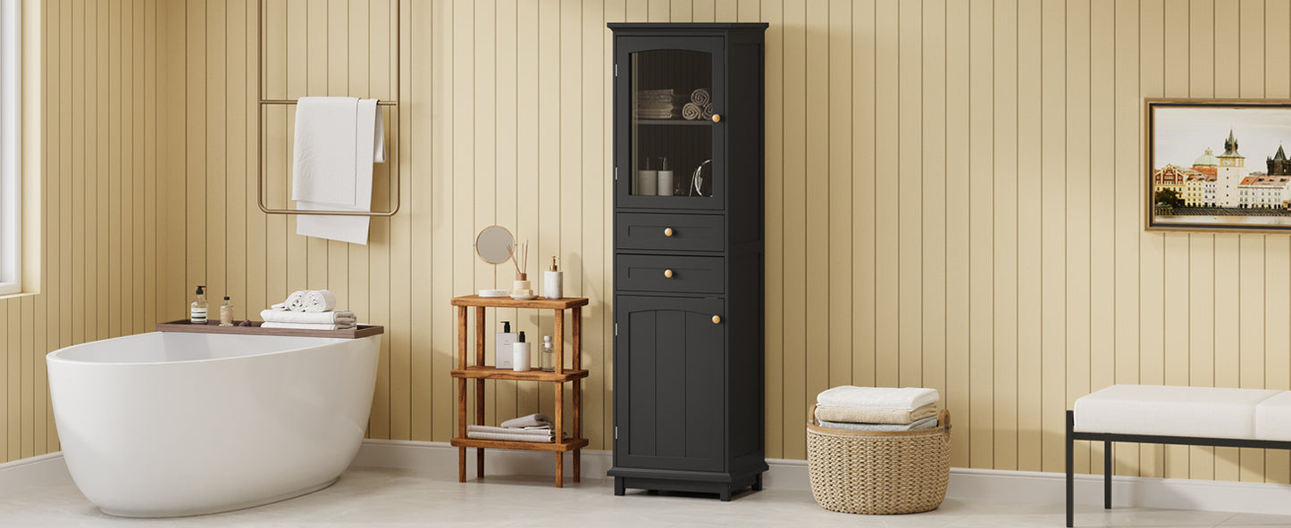 Tall Bathroom Storage Cabinet with Glass Doors, Free-Standing, Two Drawers, and Adjustable Shelves, MDF Board, Painted Black