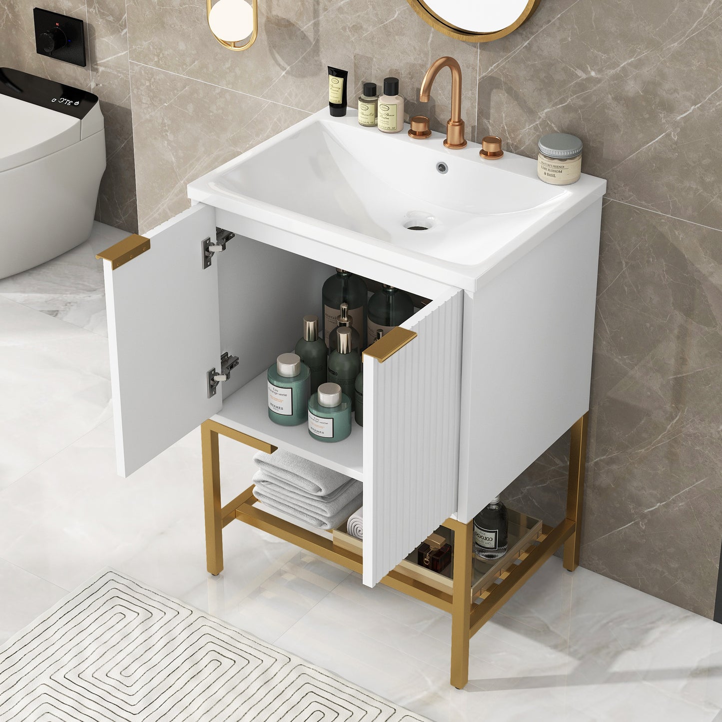 Bathroom Vanity with Sink, Bathroom Vanity Cabinet with Two Doors and Gold Metal Frame, Open Storage Shelf, White