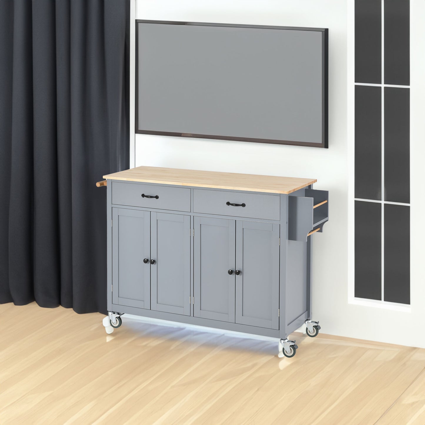 Kitchen Island Cart with Solid Wood Top and Locking Wheels, 54.3-Inch Width in Grey Blue