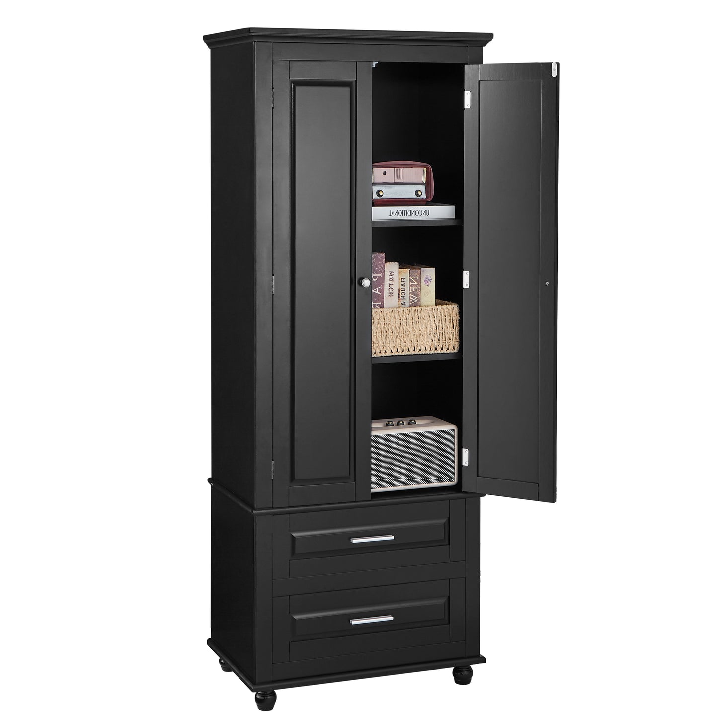 Tall Storage Cabinet with Two Drawers, Perfect for Bathrooms and Offices, Black Finish