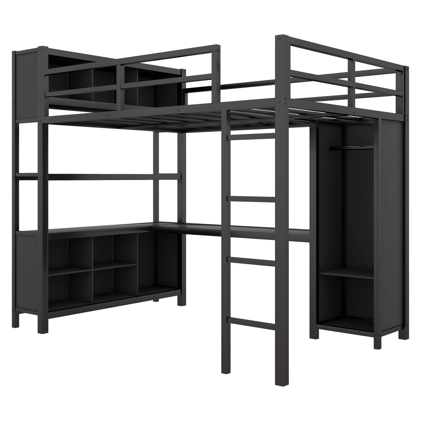 Cama alta de metal con armario y escritorio en forma de L, diseño de tamaño completo con gabinete de almacenamiento y estante, color negro