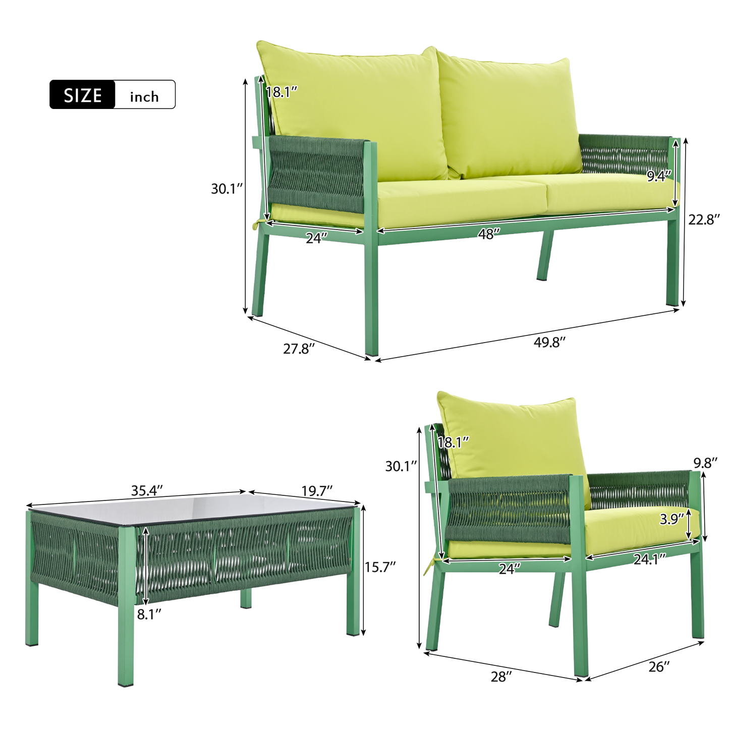 Outdoor Furniture with Tempered Glass Table, Deep Seating with Thick Cushions in Fluorescent Yellow and Green