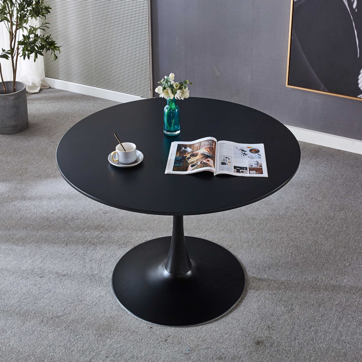 42.1" Black Tulip Table, Mid-Century Dining Table for 4-6 People with Round MDF Table Top