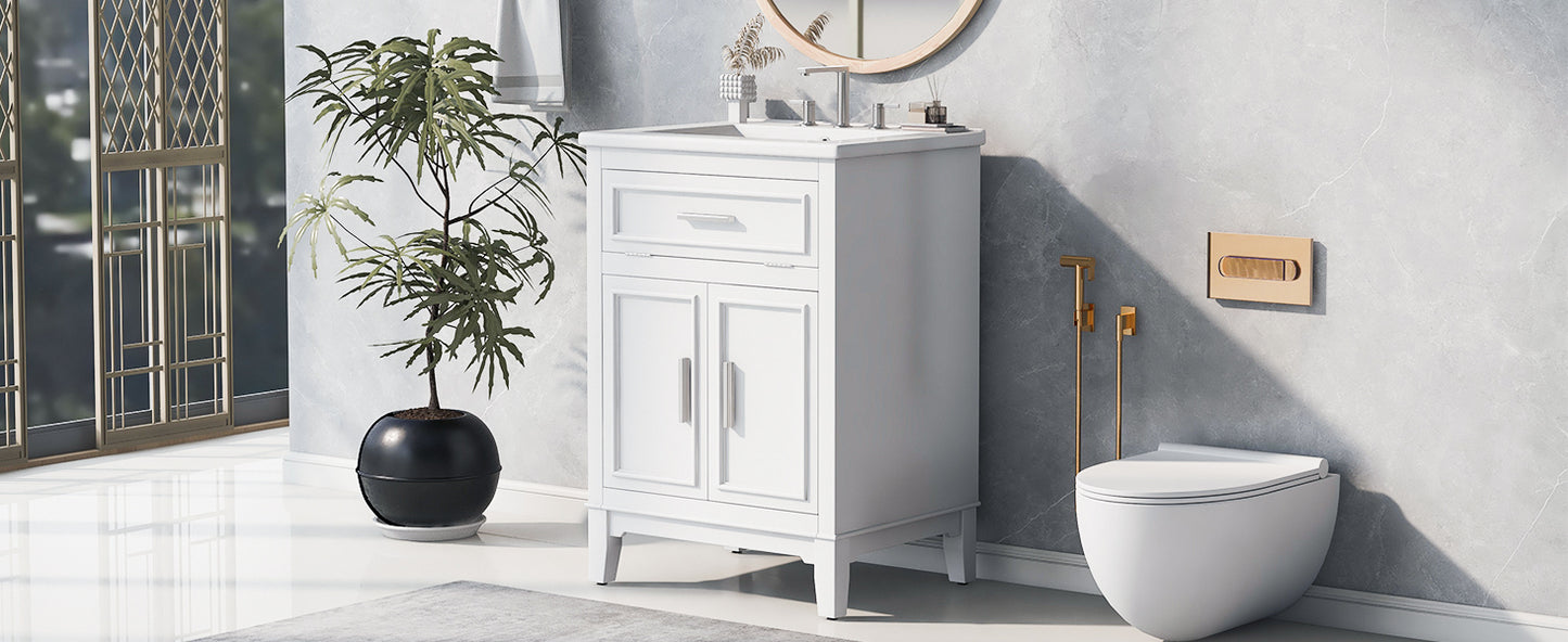 24" Bathroom Vanity with Sink, Solid Wood and MDF Cabinet with One Flip Drawer and Doors, White