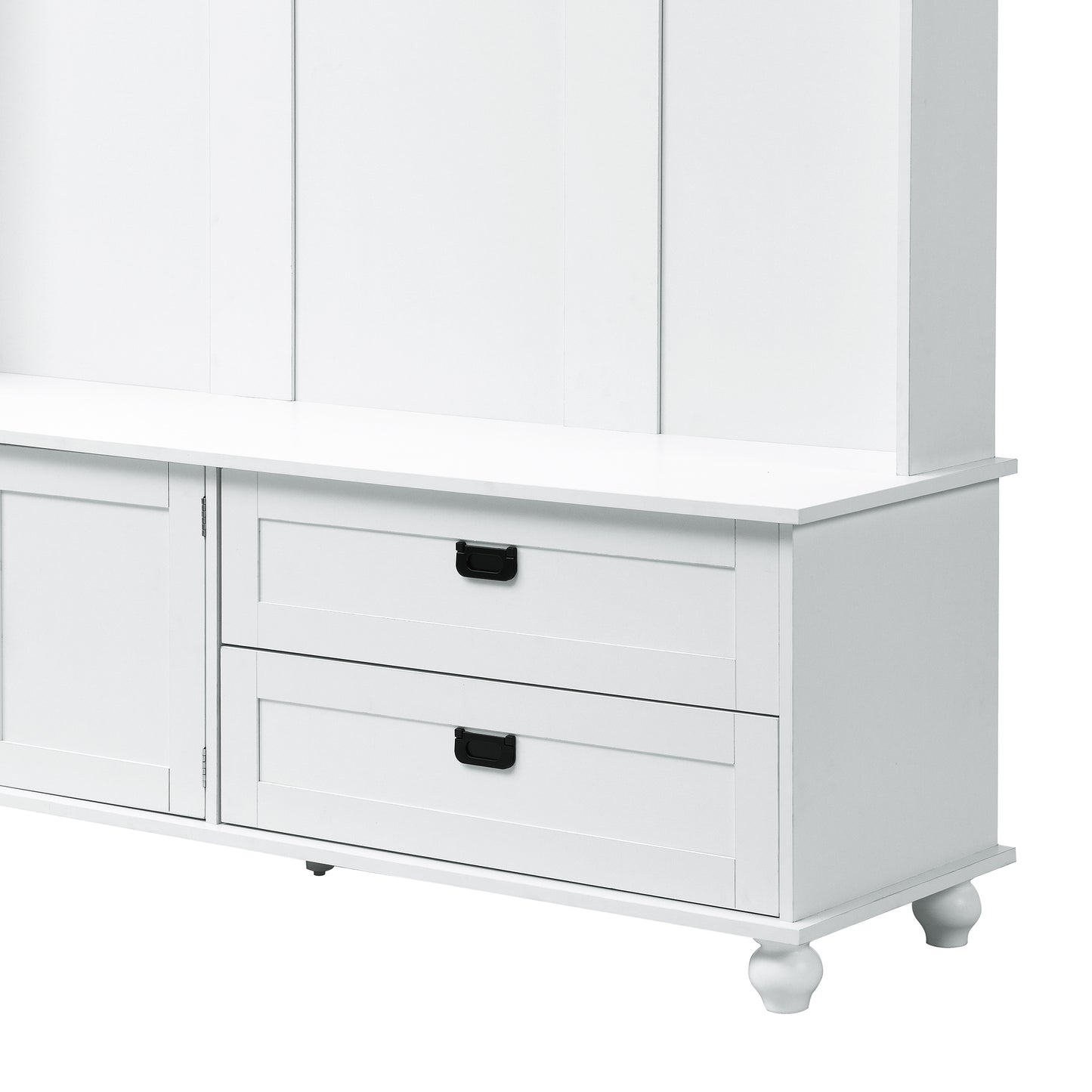 ON-TREND Modern Hall Tree with Storage Cabinet, 2 Large Drawers, and 5 Coat Hooks, White