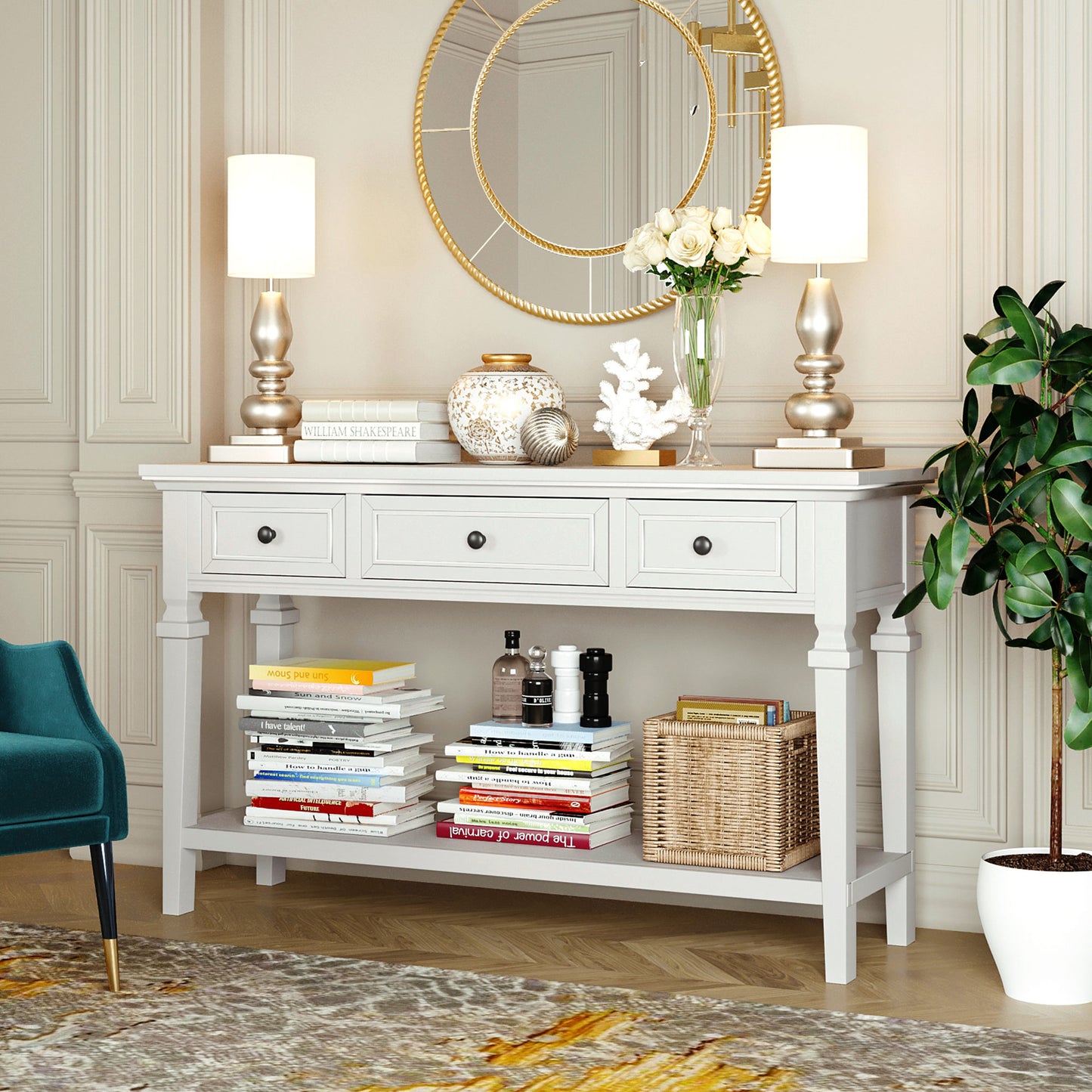 TREXM Classic Retro Style Console Table with Three Top Drawers and Open Style Bottom Shelf (Antique White)