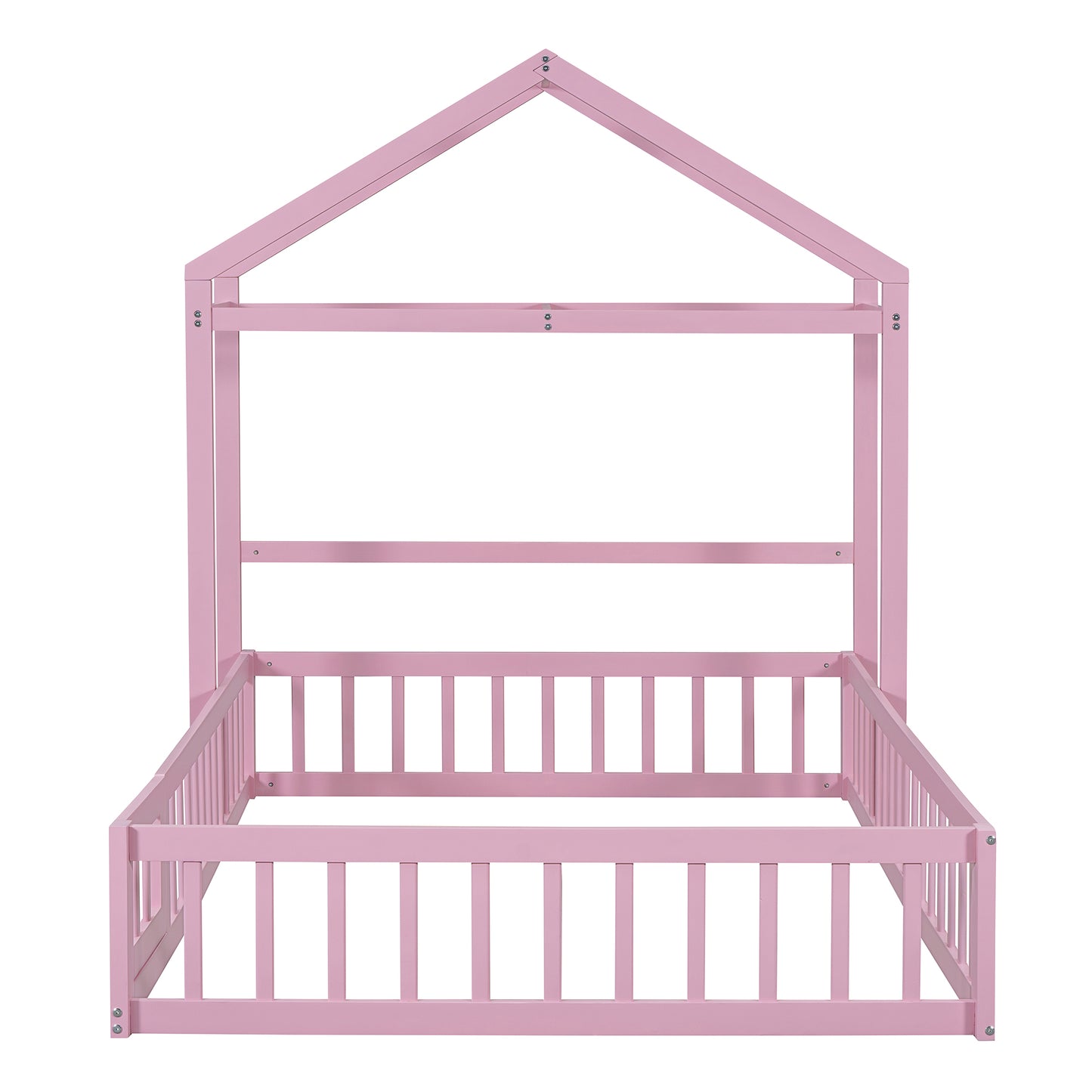 Wooden Full Size Children's Bed with Detachable Headboard and Integrated Clothes Drying Rack, Pink