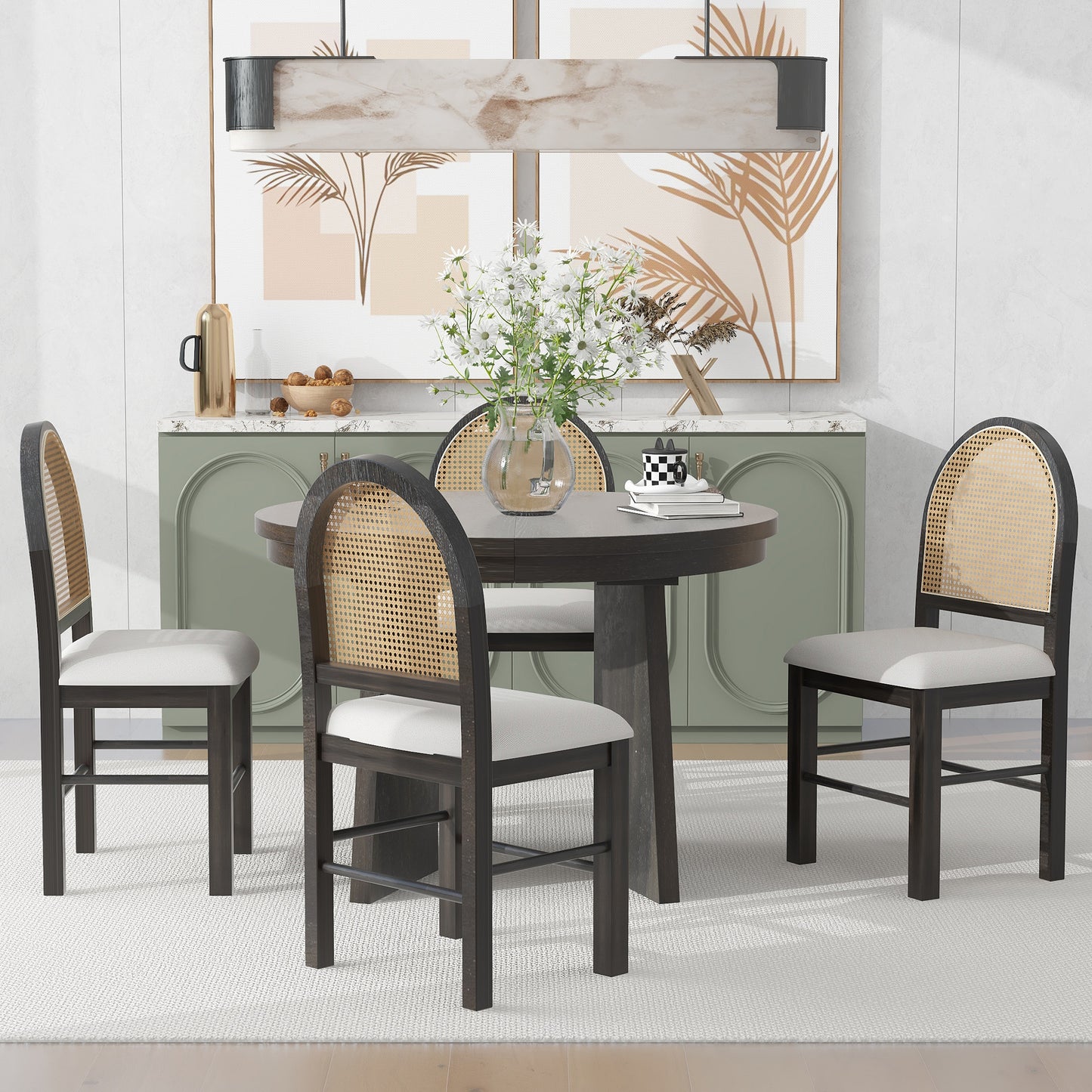 TREXM 5-Piece Retro Dining Set, Expandable Table and 4 Cushioned Chairs with Rattan Backrests, Espresso Finish