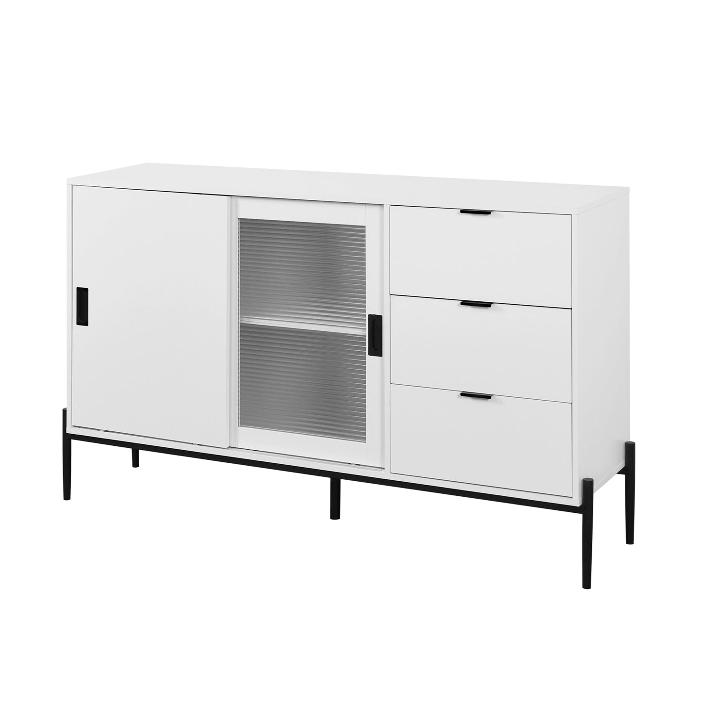 Modern characteristic storage cabinet side panel with glass sliding door and 3 drawers, dining table cabinet in white color