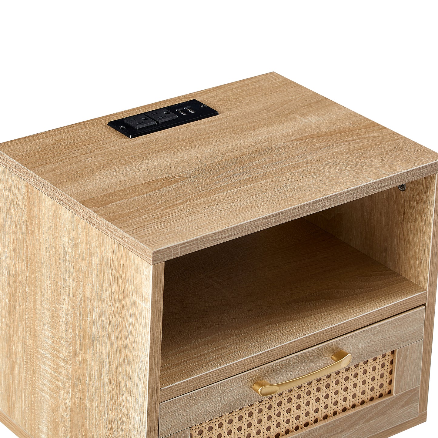 Rattan End table with Power Outlet & USB Ports Modern nightstand with drawer and solid wood legs