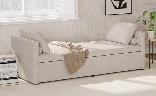 Modern Cushioned Lounge Chair Sofa Bed with 2 Drawers, Linen Fabric in Beige