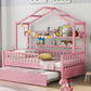 Wooden Twin Size House Bed with Trundle Kids Bed with Shelf Pink