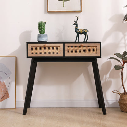 Side table with two real rattan drawers, solid wood table legs,can be used in the dining room, living room,bedroom