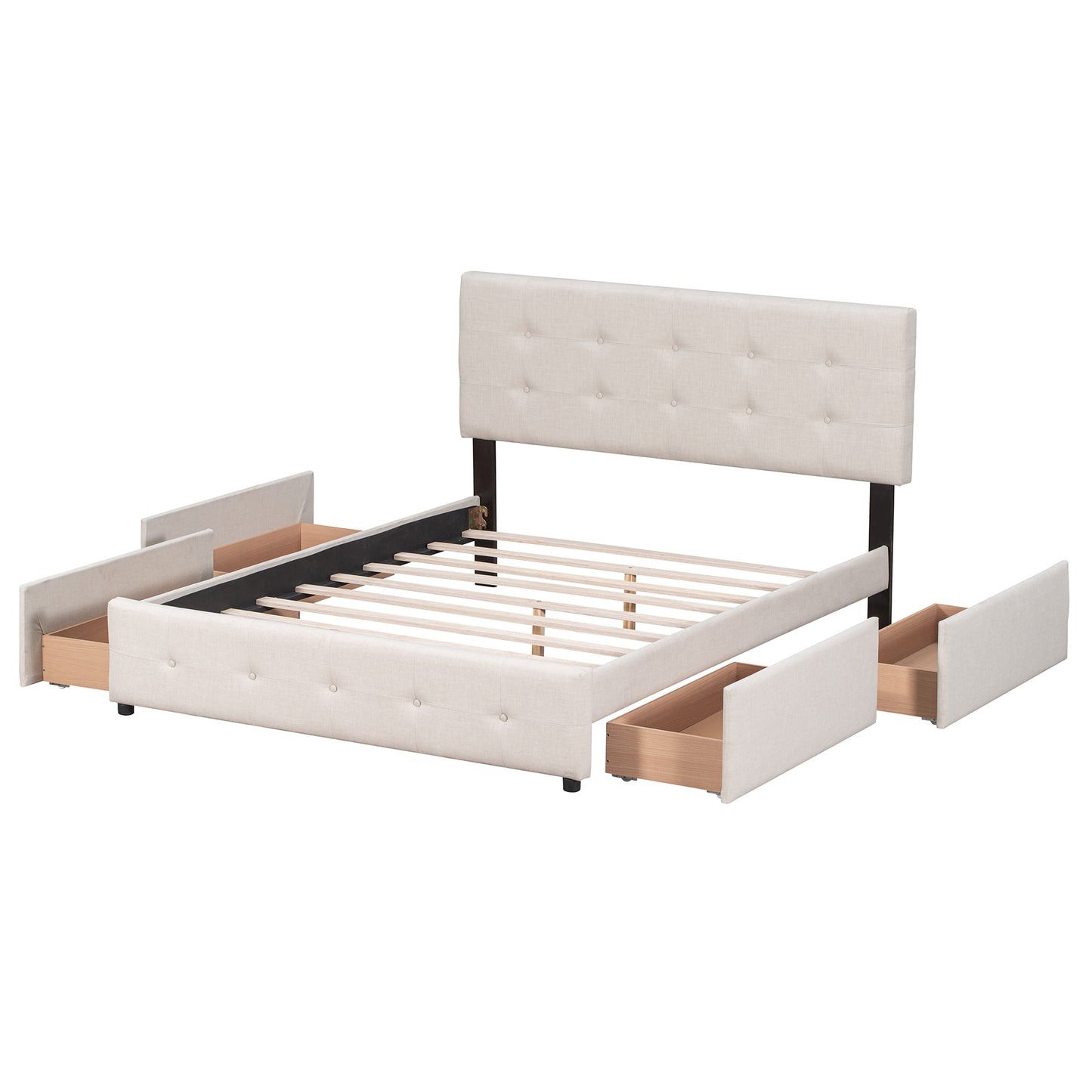 Upholstered Platform Bed with Classic Headboard and 4 Drawers No Box Spring Needed Linen Fabric Queen Size Beige