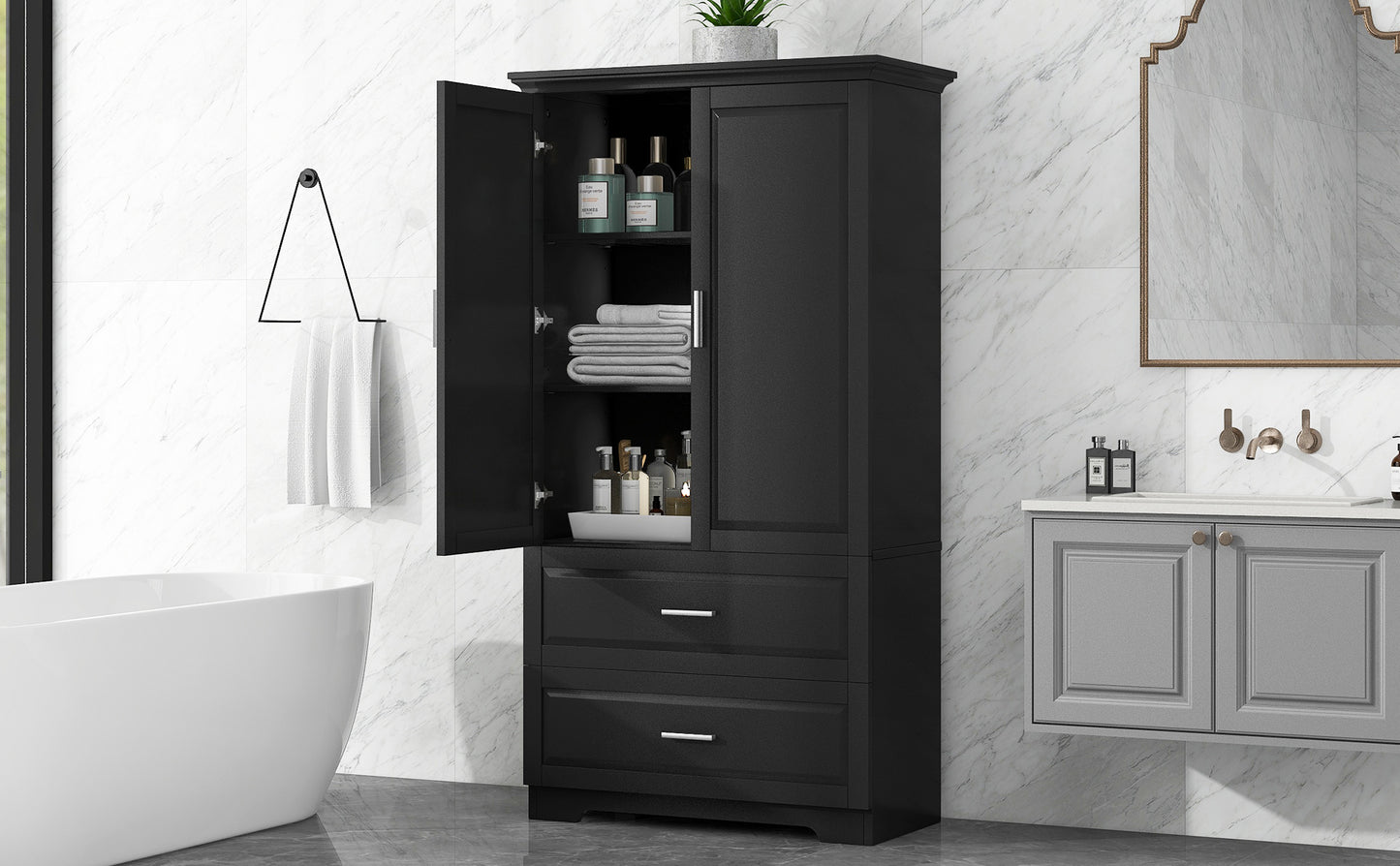 Mueble de baño alto con dos puertas y cajones, estante ajustable, tablero MDF, acabado negro